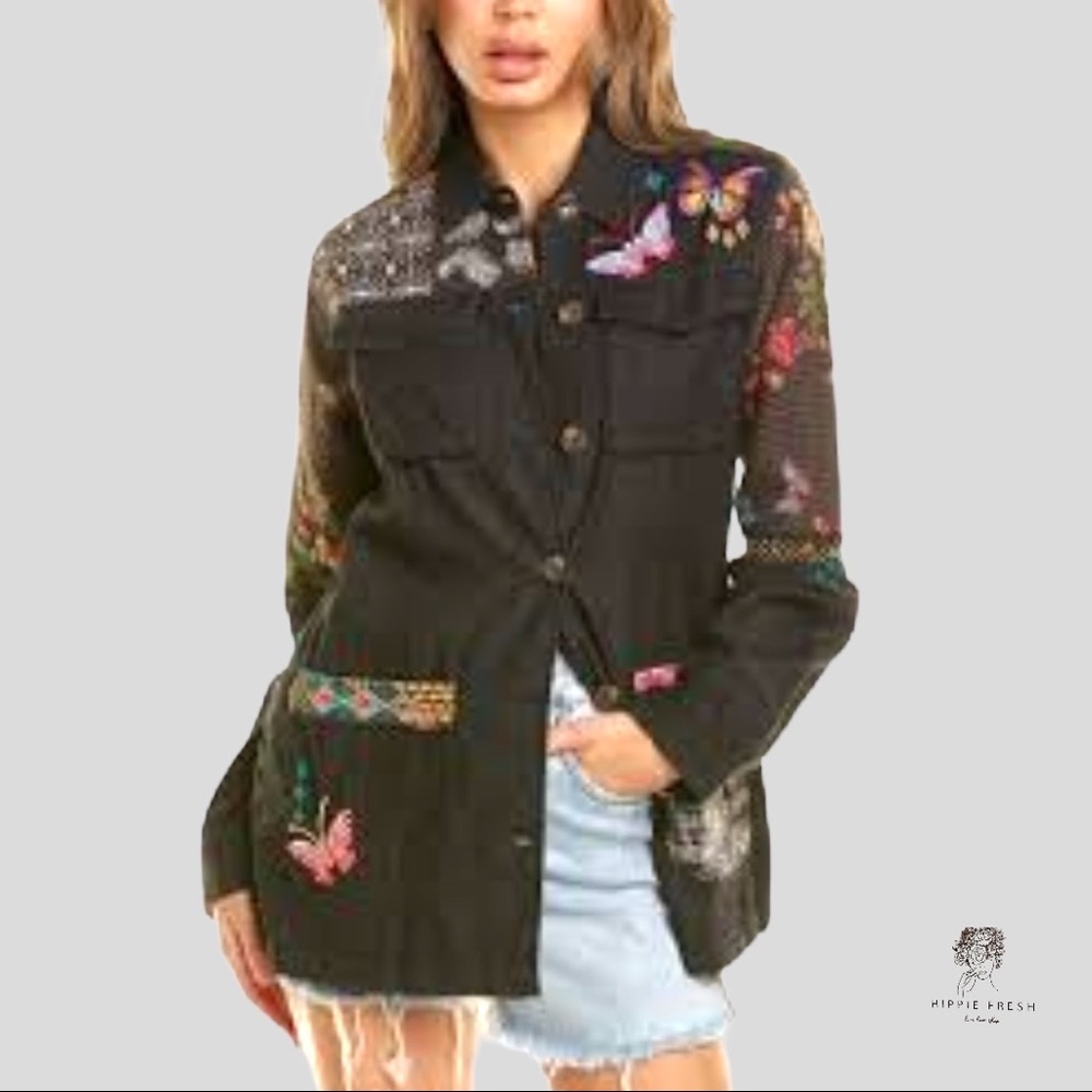 Black Utility Jacket with Embroidered Details Size M